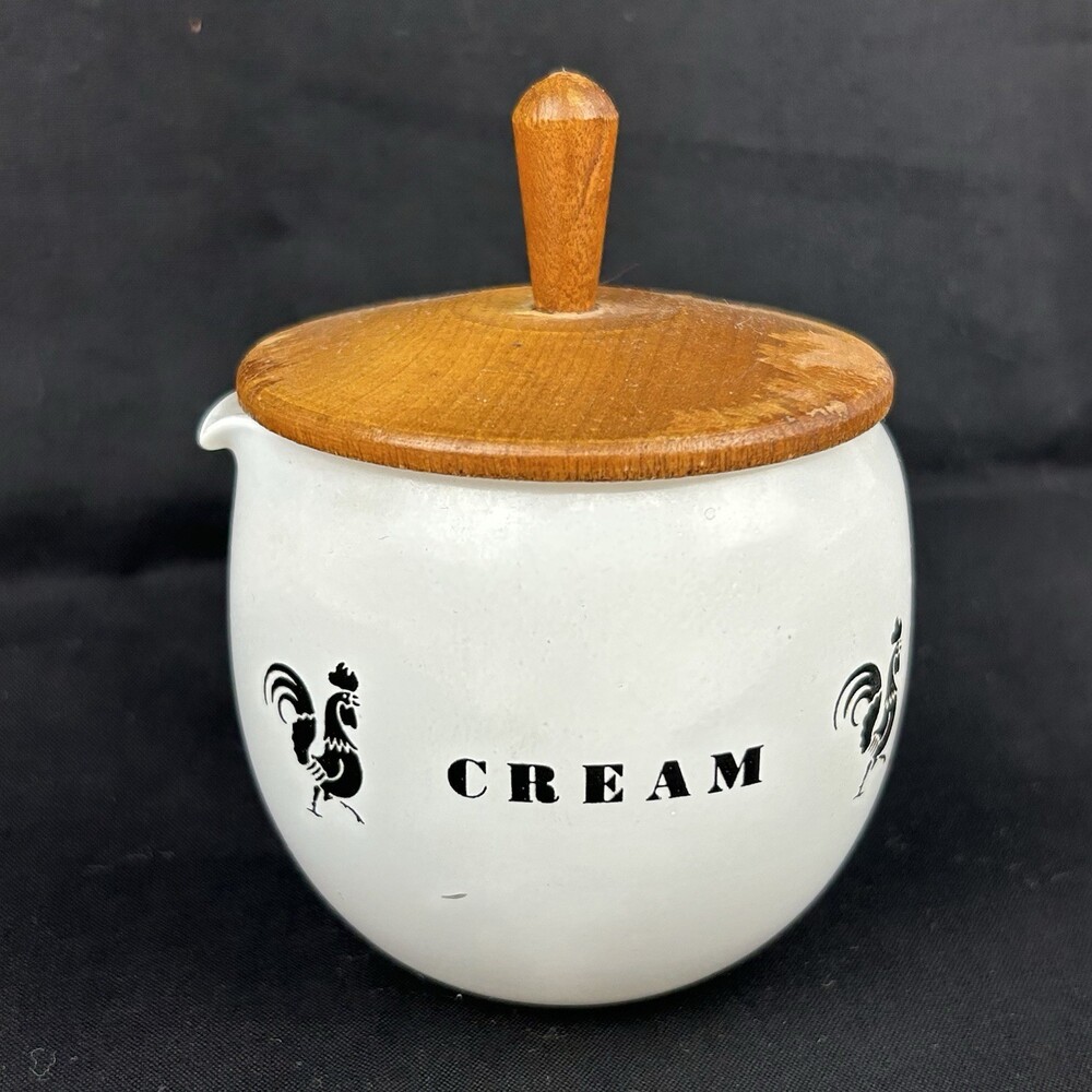 VTG MCM Anchor Hocking Glass CREAM Jar Pitcher Black White Rooster Creamer & Lid